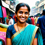 회복력을 위한 소셜 미디어 활용 전략 - **Subject:** A professional woman in a modest sari, smiling gently, in a vibrant Dhaka marketplace, ...