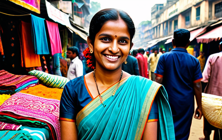 회복력을 위한 소셜 미디어 활용 전략 - **Subject:** A professional woman in a modest sari, smiling gently, in a vibrant Dhaka marketplace, ...
