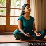 마음챙김 명상으로 심신 안정하기 - A serene Bengali woman sitting cross-legged on a traditional woven mat in a cozy, sunlit room decora...