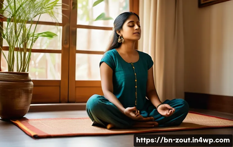 마음챙김 명상으로 심신 안정하기 - A serene Bengali woman sitting cross-legged on a traditional woven mat in a cozy, sunlit room decora...