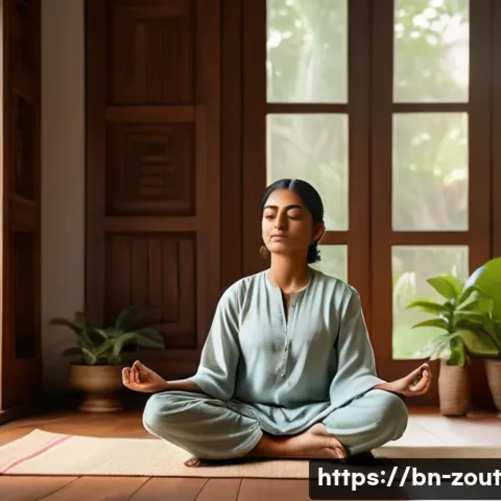 회복력을 구축하기 위한 성공 사례 분석 - A serene and focused Bengali woman meditating in a peaceful traditional room with soft natural light...