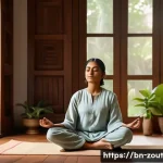 회복력을 구축하기 위한 성공 사례 분석 - A serene and focused Bengali woman meditating in a peaceful traditional room with soft natural light...