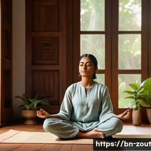 회복력을 구축하기 위한 성공 사례 분석 - A serene and focused Bengali woman meditating in a peaceful traditional room with soft natural light...