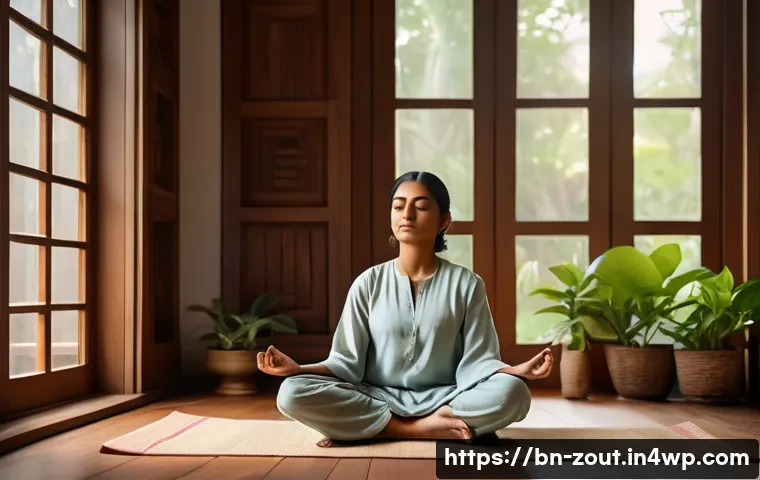 회복력을 구축하기 위한 성공 사례 분석 - A serene and focused Bengali woman meditating in a peaceful traditional room with soft natural light...