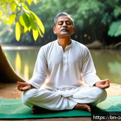 명상과 요가를 통한 회복력 강화 전략 - A serene scene of a Bengali man practicing mindfulness meditation outdoors during early morning, sit...