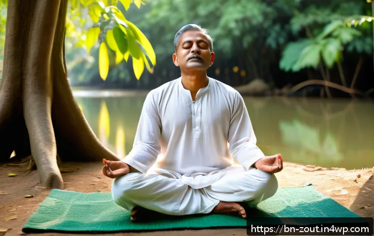 명상과 요가를 통한 회복력 강화 전략 - A serene scene of a Bengali man practicing mindfulness meditation outdoors during early morning, sit...